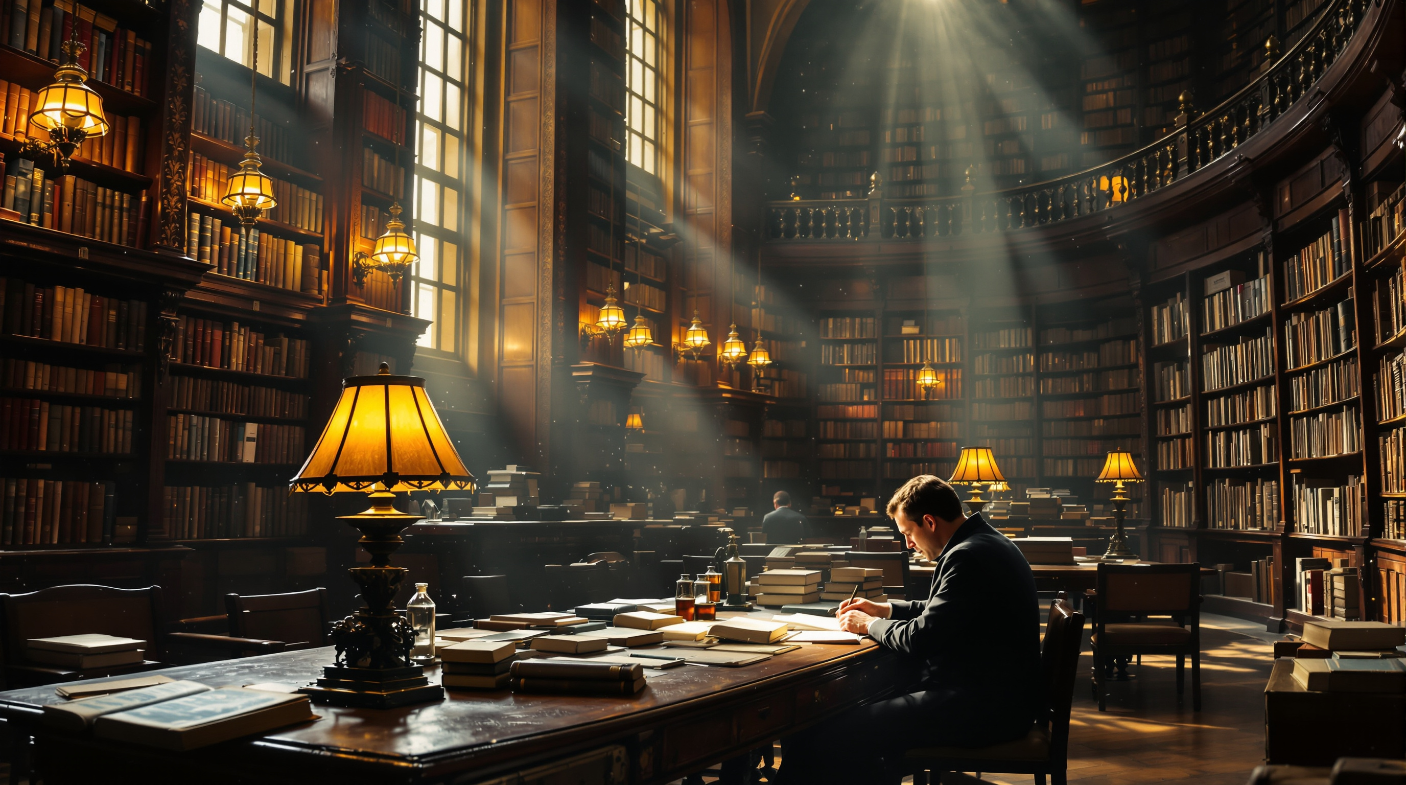 Warm library interior with bookshelves and researcher at wooden desk
