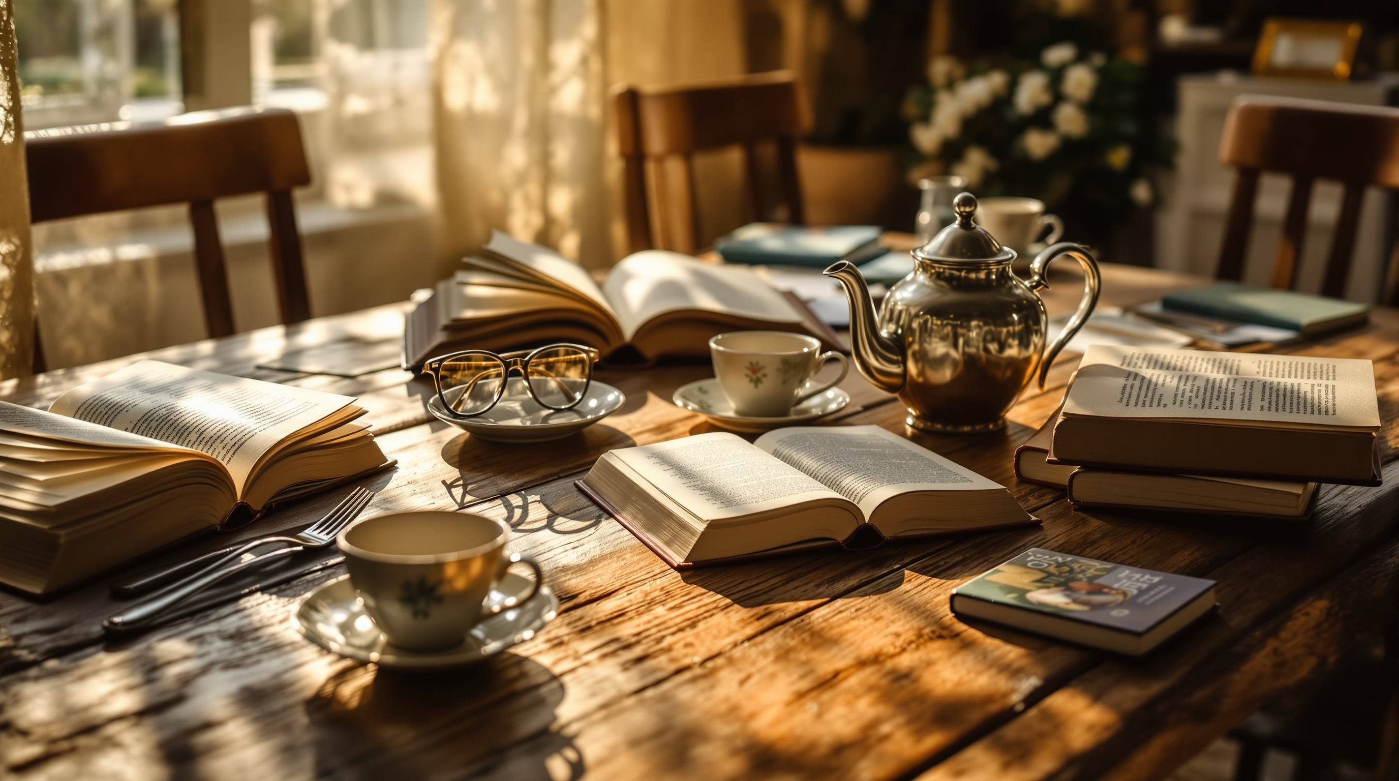 Cozy book club setup with books and tea