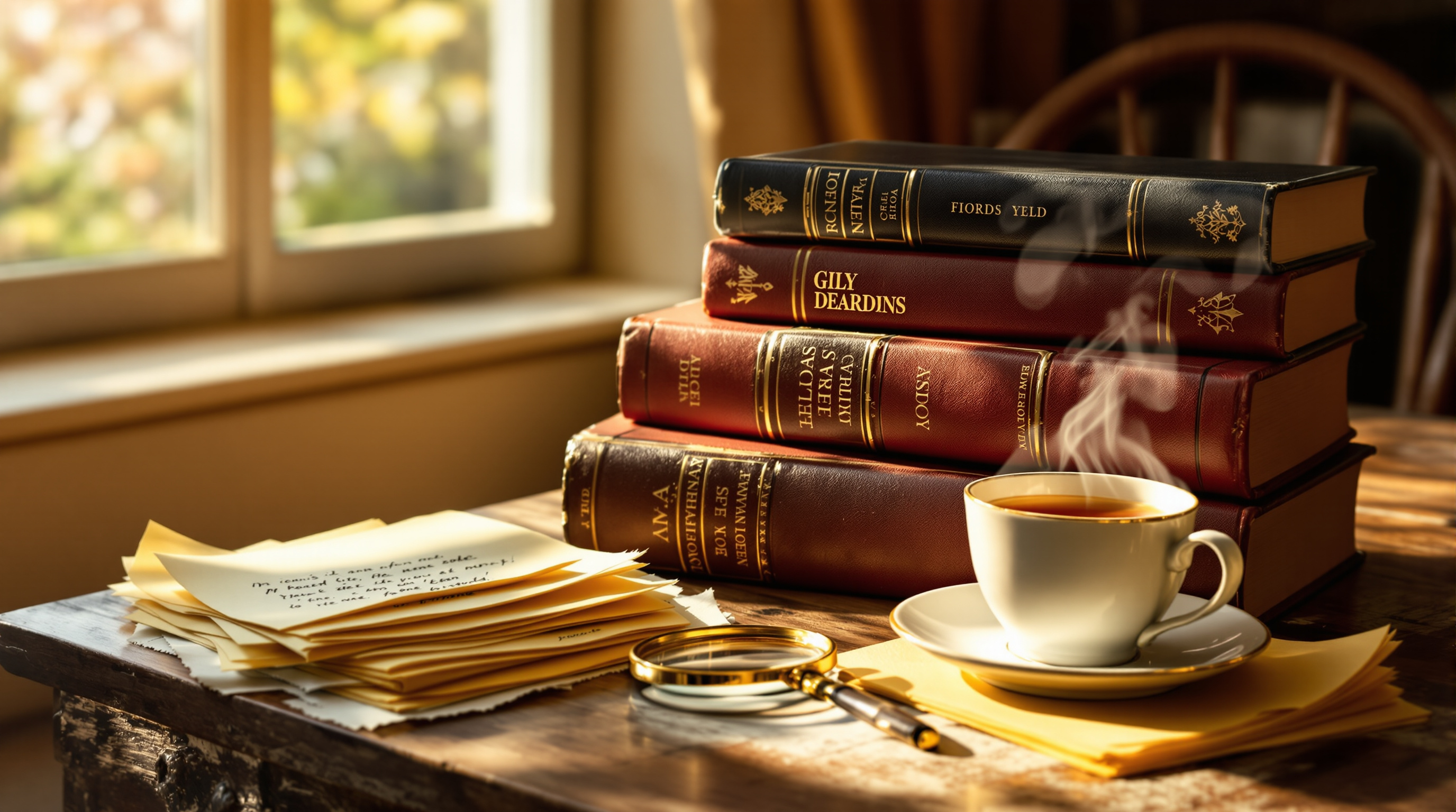 Stack of antique hardcover books with reading notes and tea