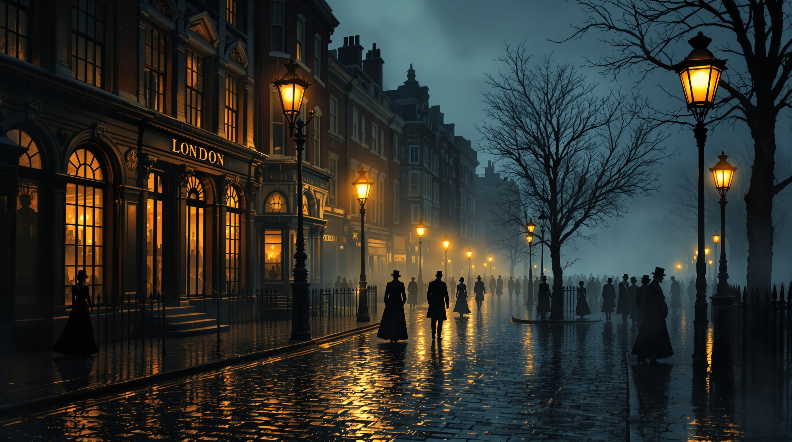 Victorian London street scene at dusk