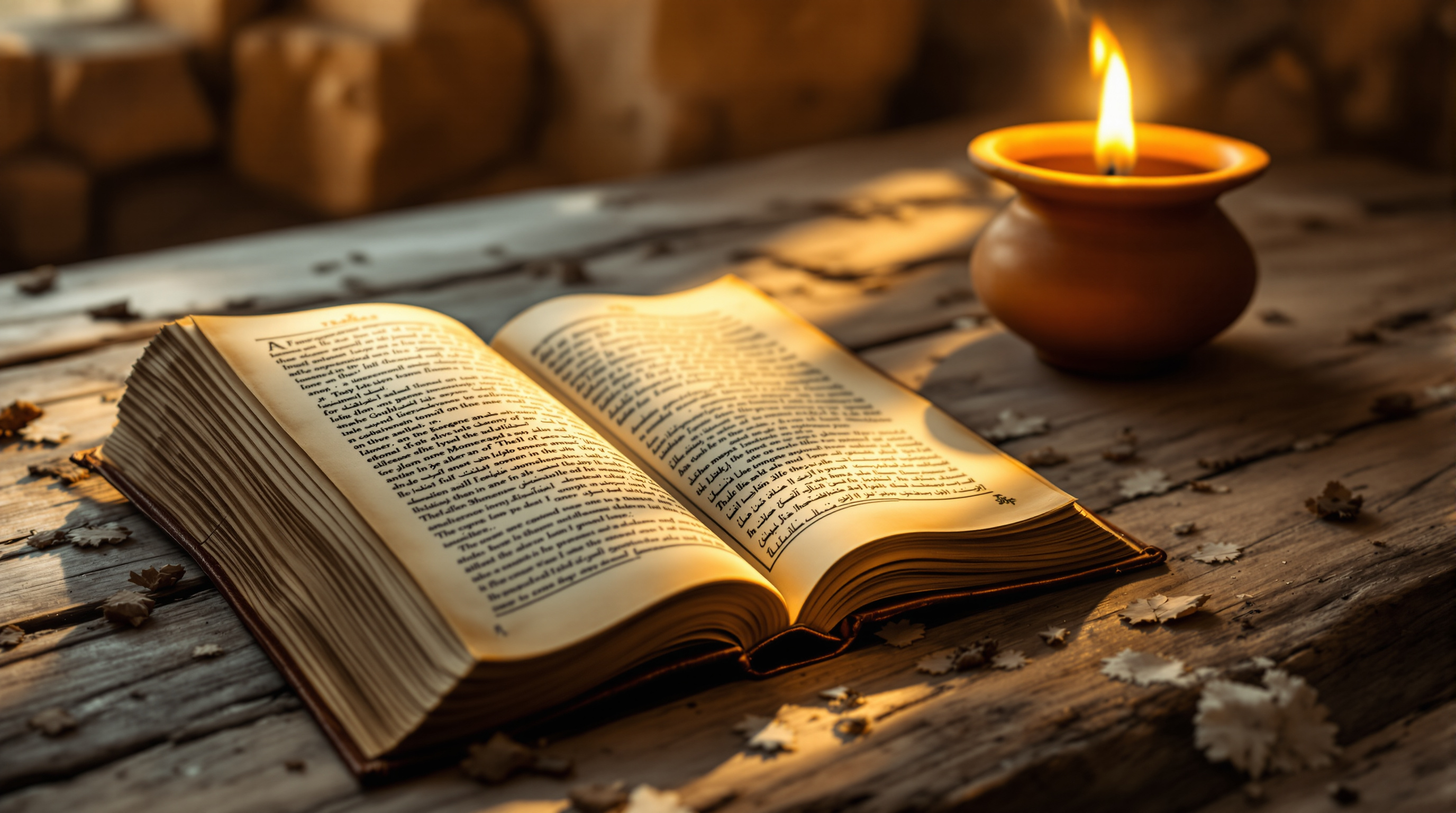 Open antique book beside a clay oil lamp in warm golden light