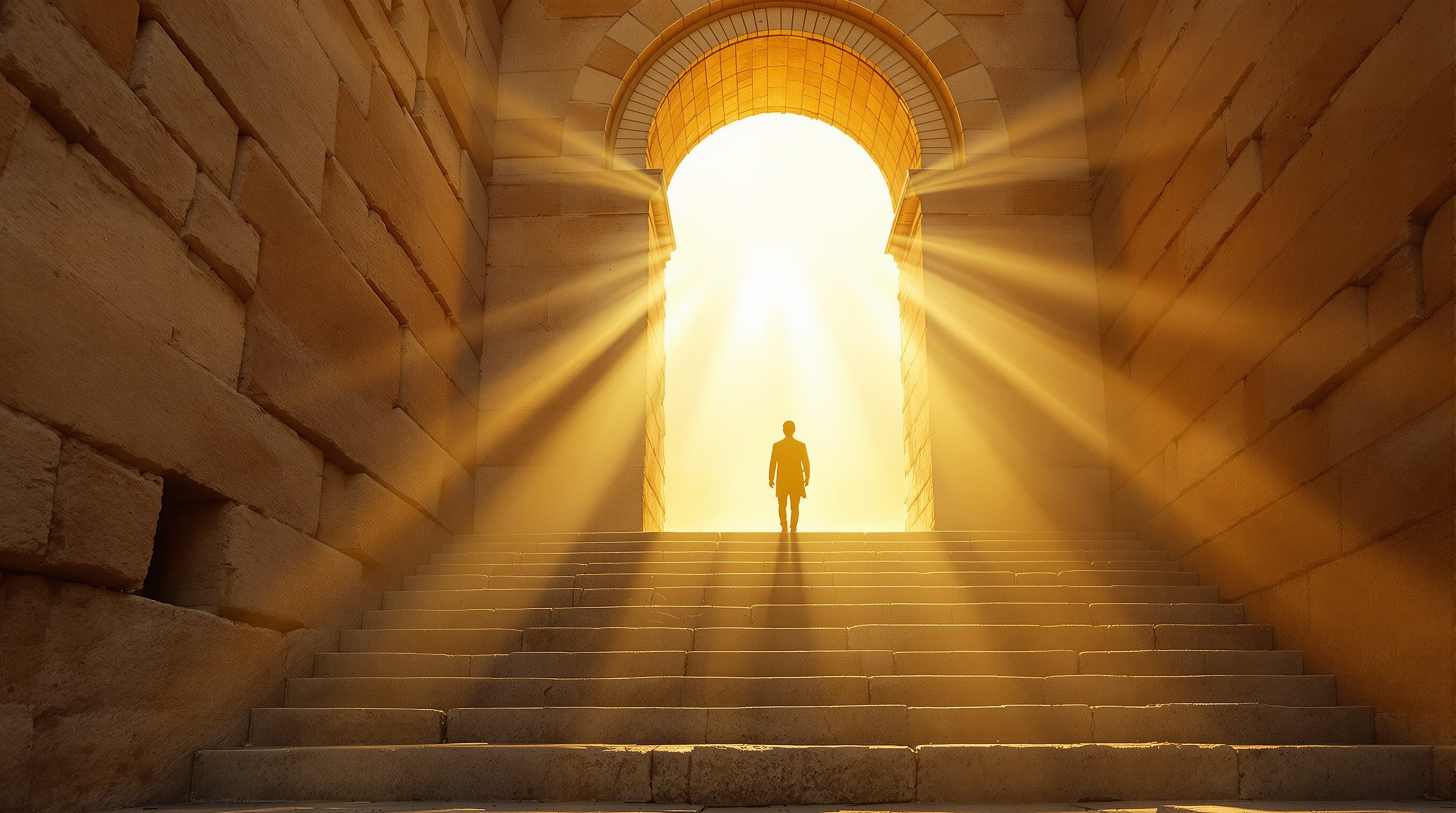Golden light through ancient stone archway