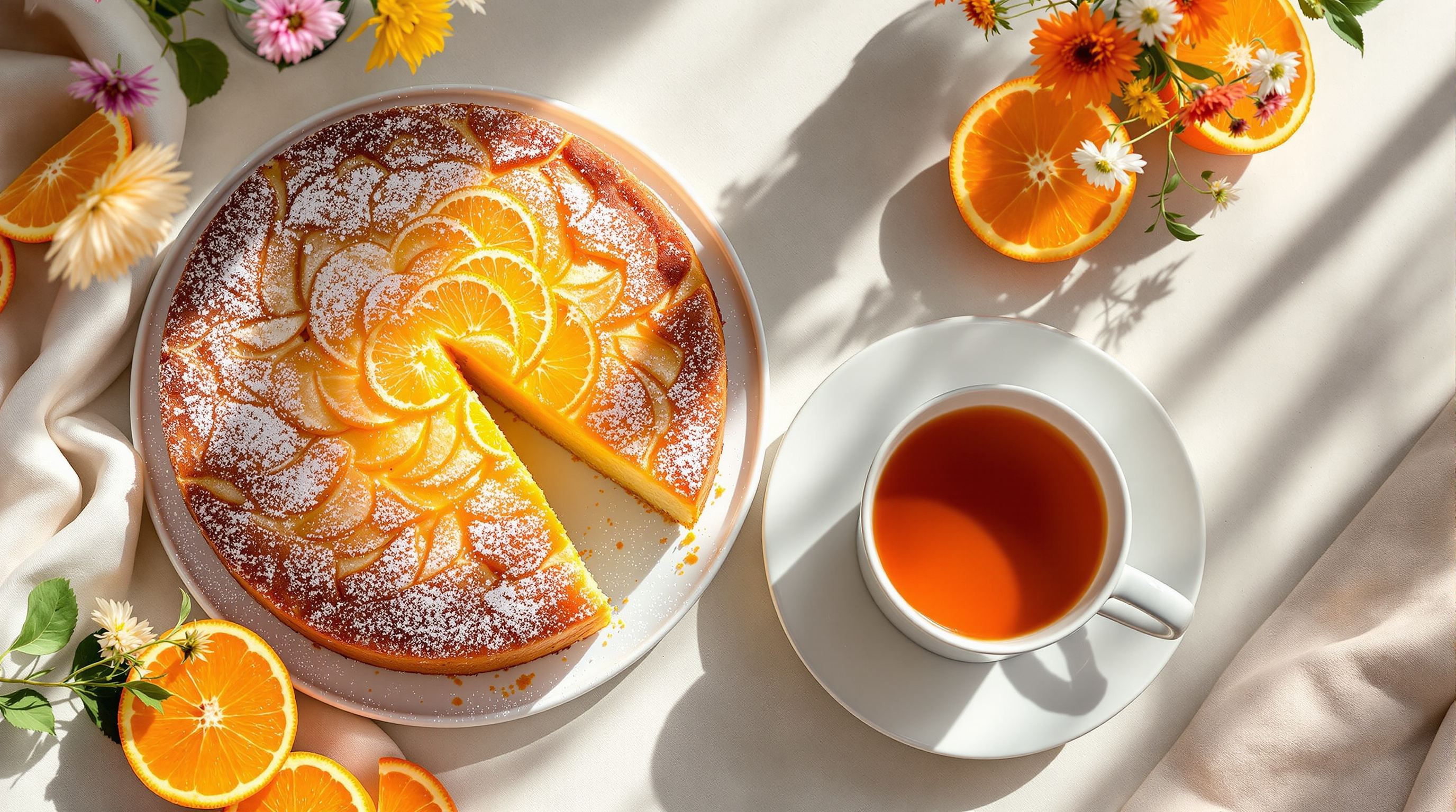 Golden orange almond cake dusted with icing sugar beside a teapot